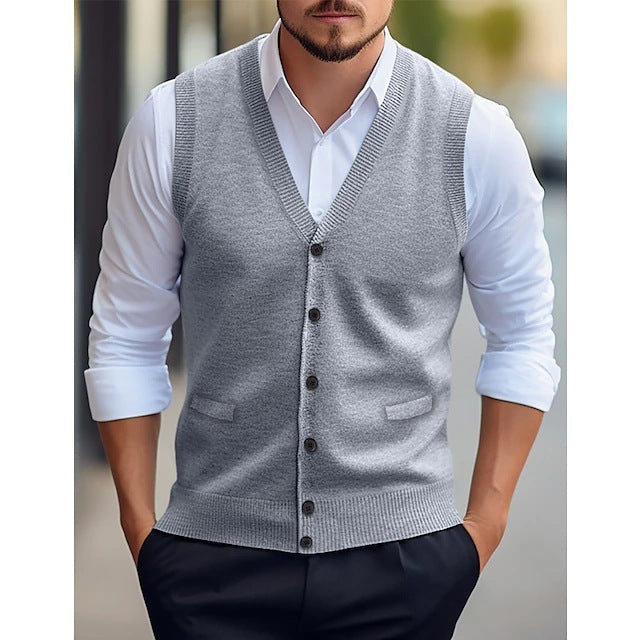 Sleeveless Wool Knit Cardigan Men's Vest