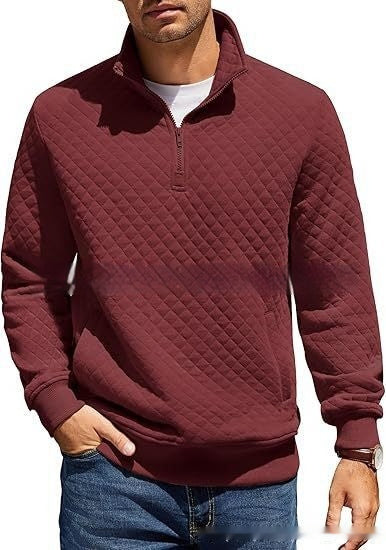 Men's Long Sleeve Knitted Zip Pullover Plaid Sweatshirt