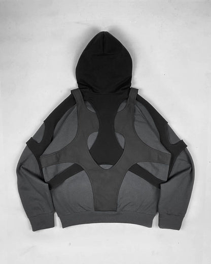 Women Stitching Black Zipper Hooded Sweatshirt