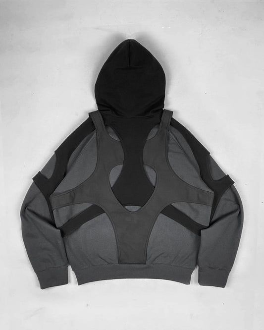 Women Stitching Black Zipper Hooded Sweatshirt