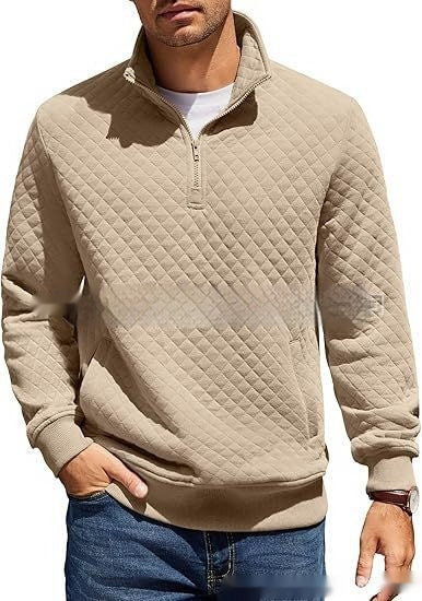 Men's Long Sleeve Knitted Zip Pullover Plaid Sweatshirt