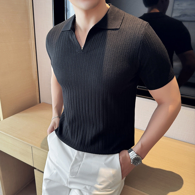 V-neck Knitted Lapel Short-sleeved Thin Men's T-Shirt
