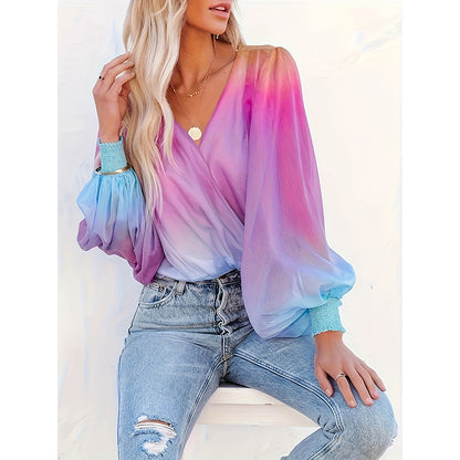 Womens V Neck Gradient Color Long Sleeve
