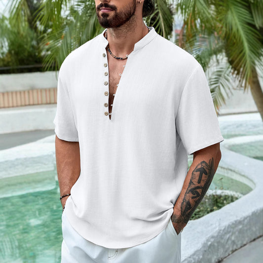 Deep V-neck Multi-button Cotton And Linen T-Shirt