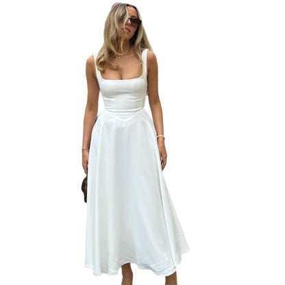 Square-neck Waist Trimming Sling Dress