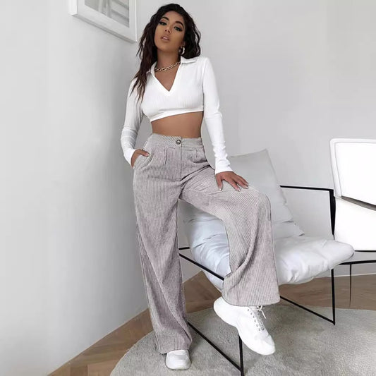 High Waist Pants Corduroy Baggy Straight Trousers
