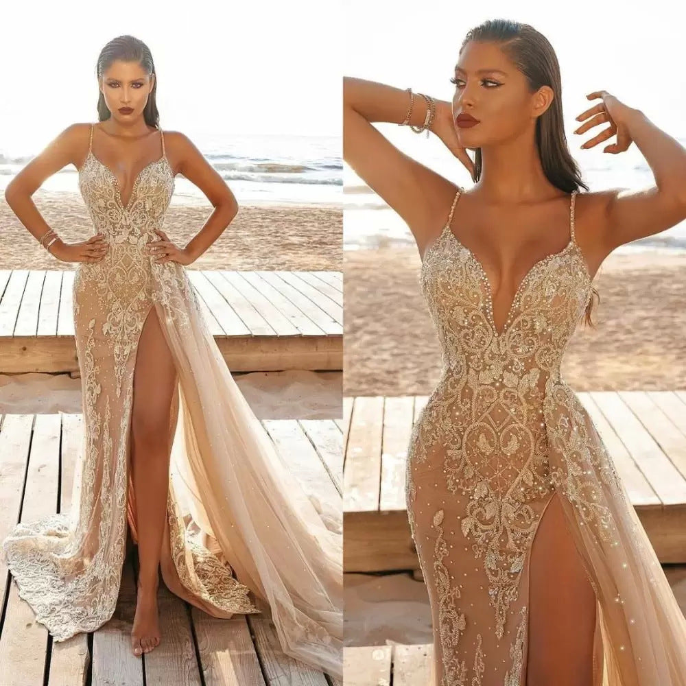 Sling Sleeveless Slit Lace Hollow Out Dress