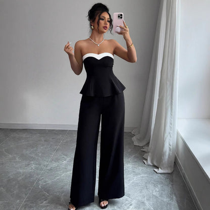 Women's Elegant Stitching Off-the-shoulder Vest Wide-leg Trousers