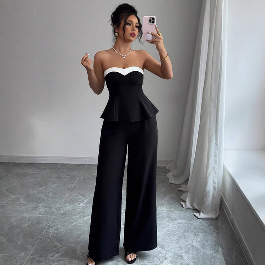 Women's Elegant Stitching Off-the-shoulder Vest Wide-leg Trousers