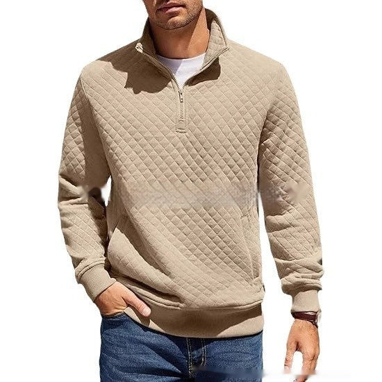 Men's Long Sleeve Knitted Zip Pullover Plaid Sweatshirt