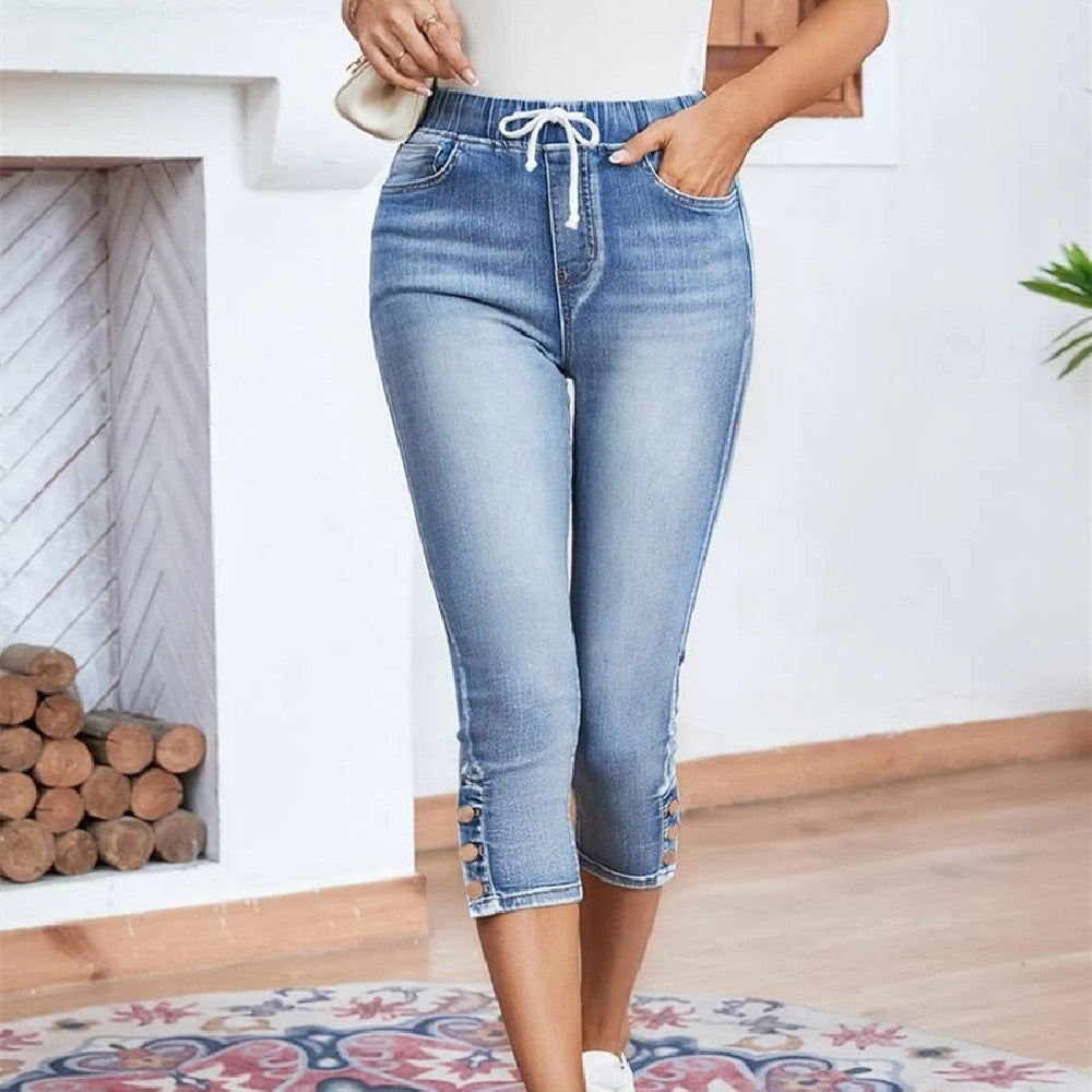 Waistband Lace-up Stretch Jeans