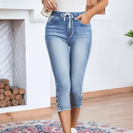 Waistband Lace-up Stretch Jeans