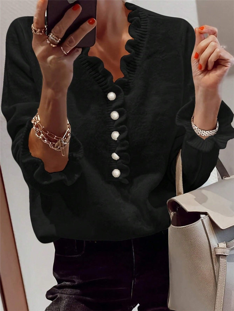 Winter V-neck Ruffled Knitted Sweater Long-sleeved Tops