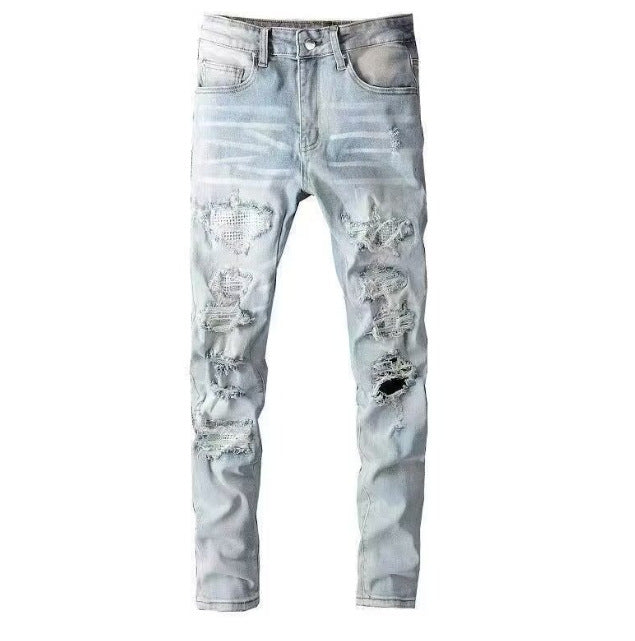Men's Punk Retro Blue Ripped Slim Feet Jeans