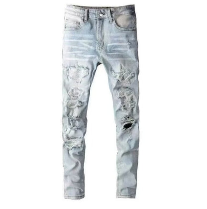 Men's Punk Retro Blue Ripped Slim Feet Jeans