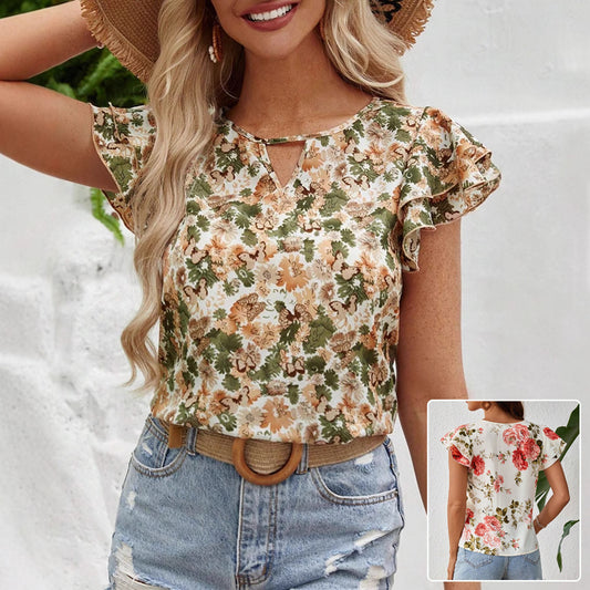 Women Floral Print Short Sleeve Ruffled Tops