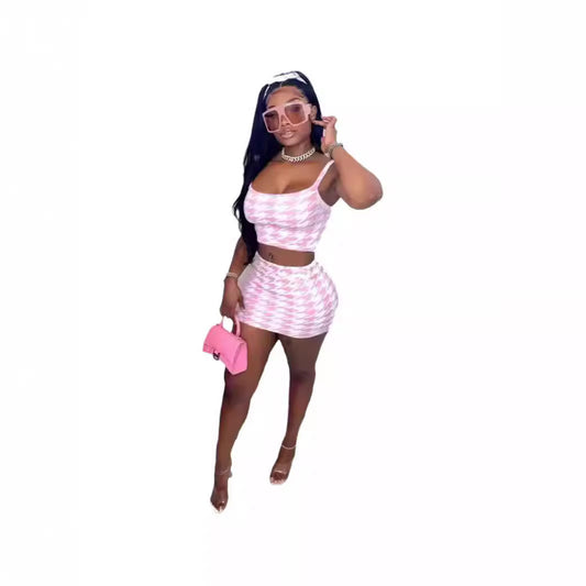 Women's Summer New Houndstooth Sling Skirt Suit