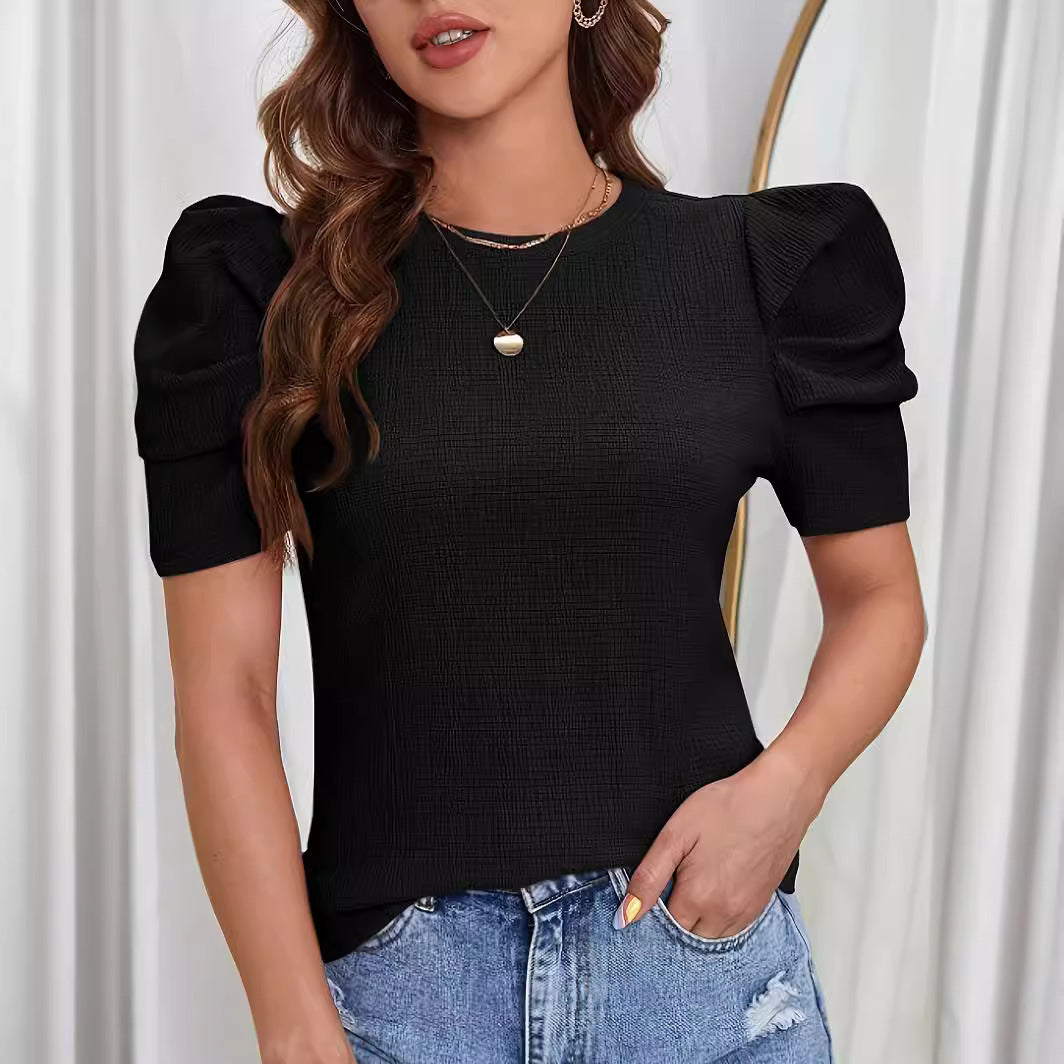 Puff Sleeve Solid Round Neck T-shirt