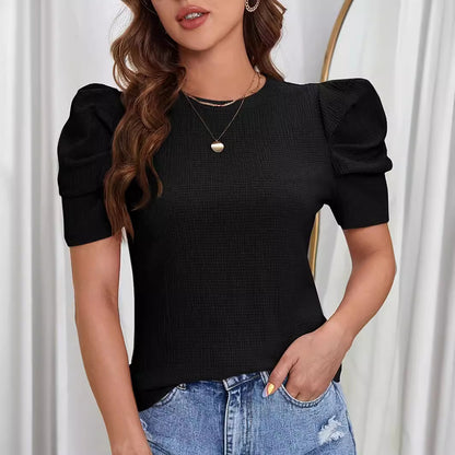 Puff Sleeve Solid Round Neck T-shirt