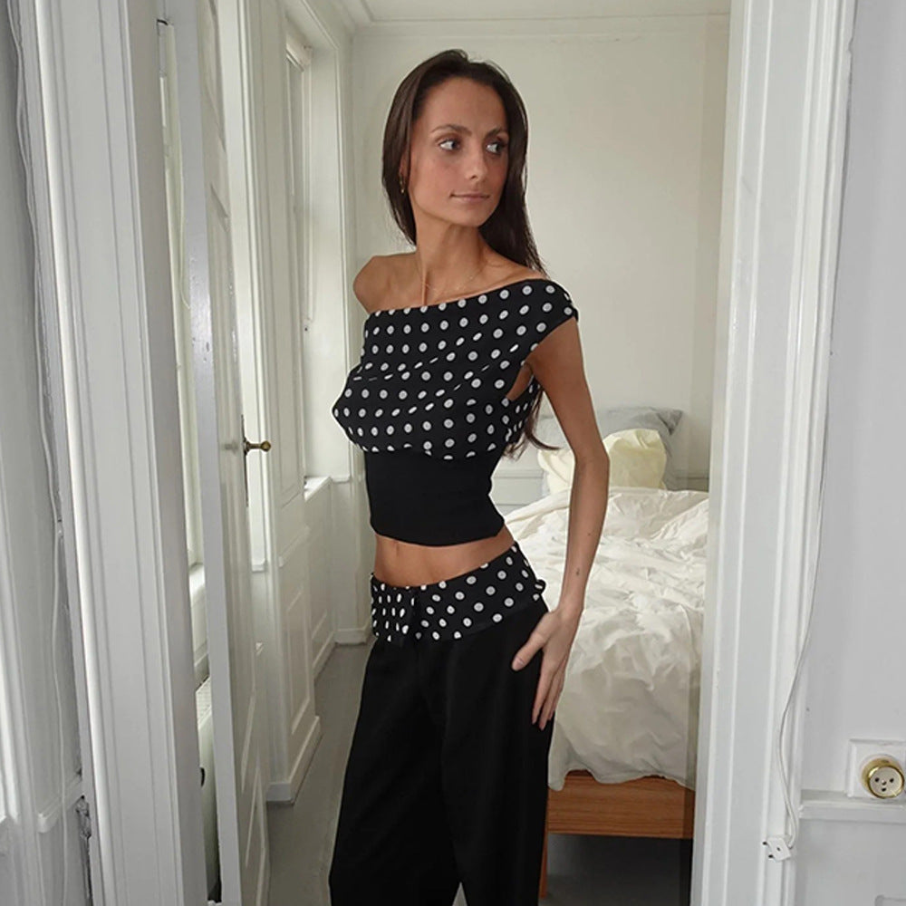 Polka Dots Oblique Shoulder Tops