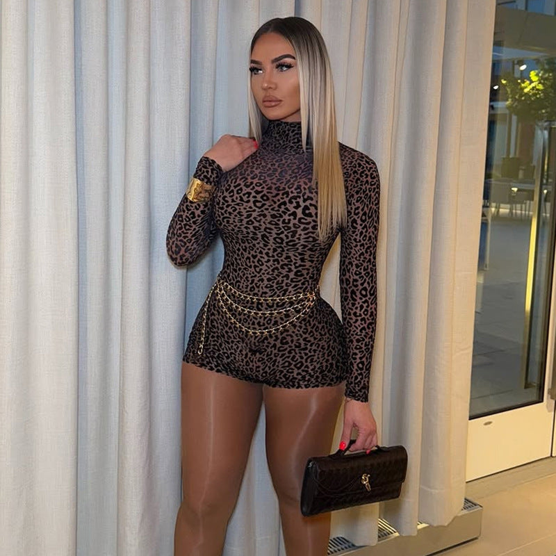 Half Turtleneck Leopard Slim Fit Hip Dress