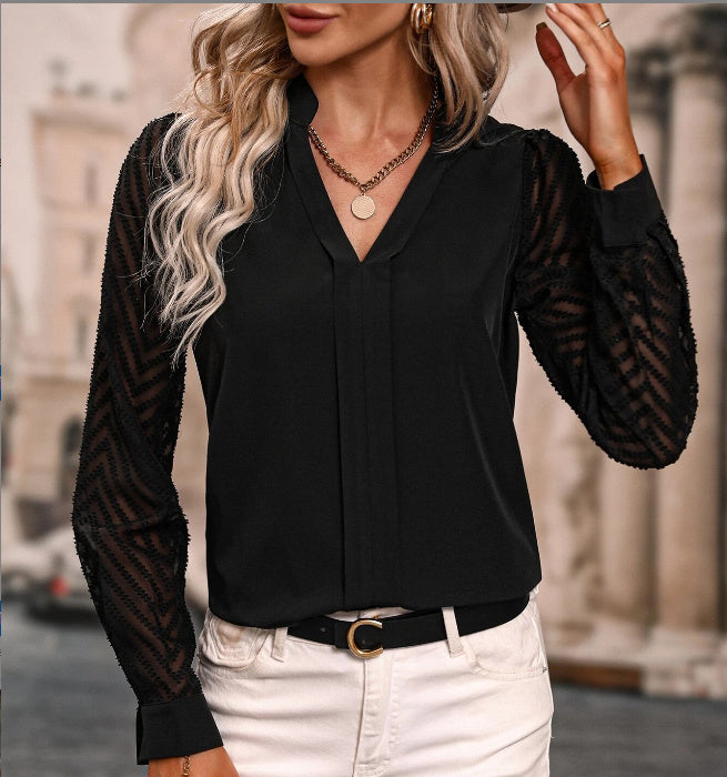 Women's V-neck Long-sleeved Chiffon Shirt Lace Stitching Top