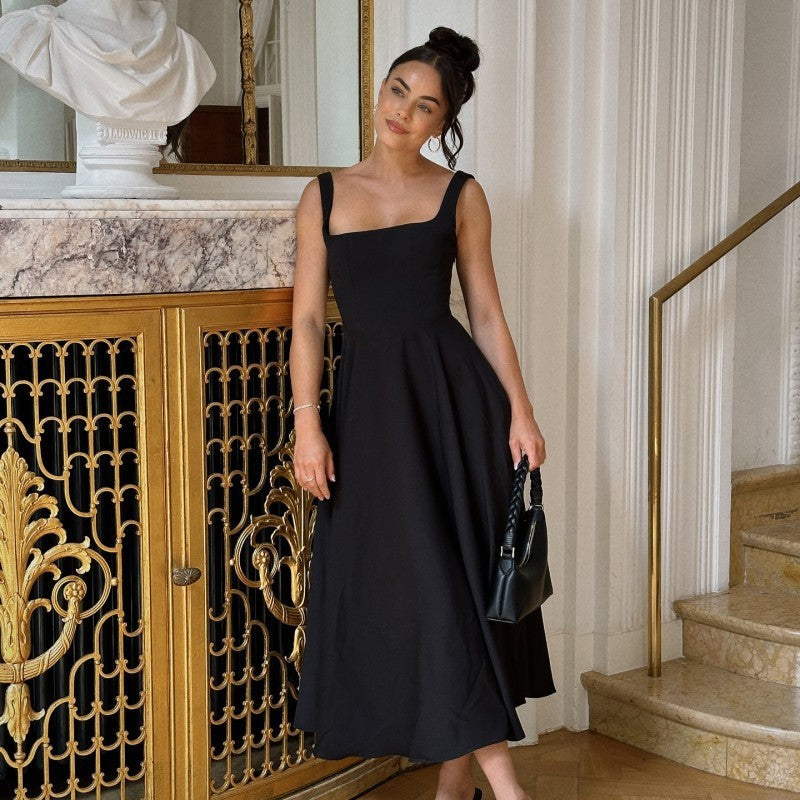 Square-neck Waist Trimming Sling Dress