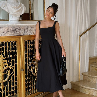 Square-neck Waist Trimming Sling Dress