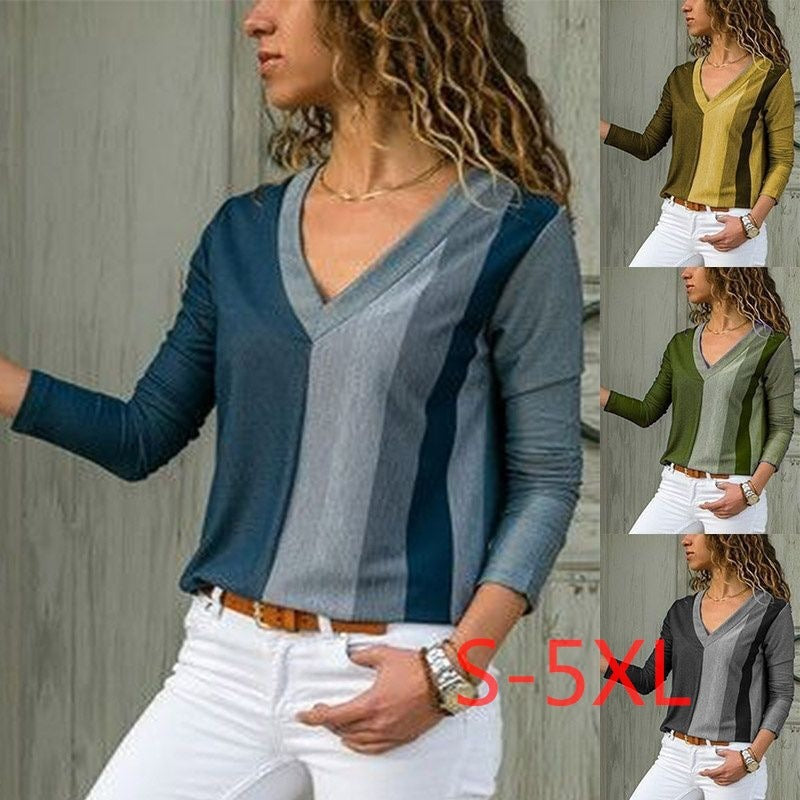 V-neck Striped Long Sleeves T-shirt
