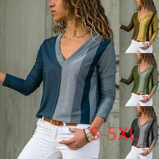 V-neck Striped Long Sleeves T-shirt