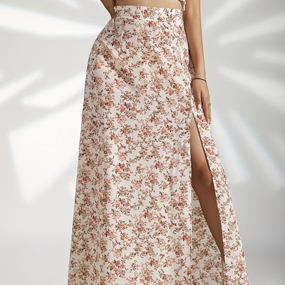 Ladie's Gentle High Waist Slit Floral Skirt