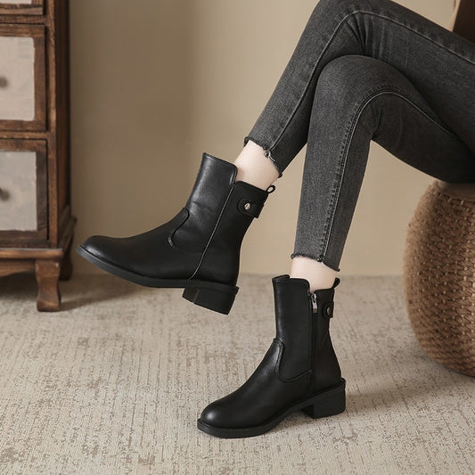 Ladie's Round Toe Boots Side Zip Short Boots