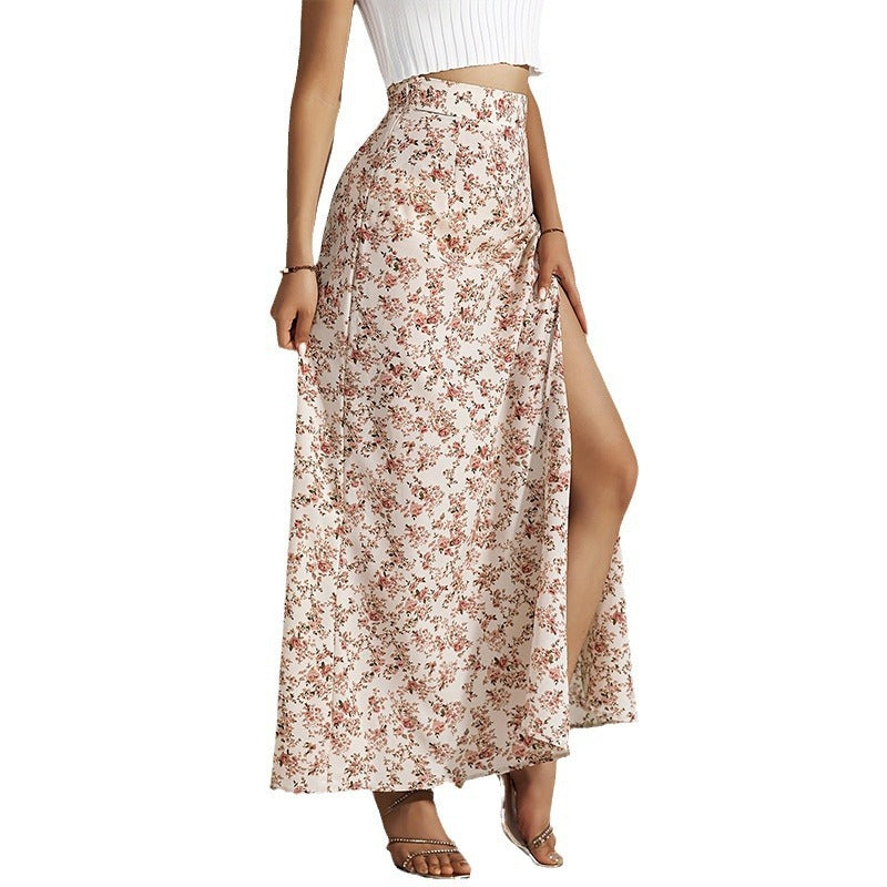 Ladie's Gentle High Waist Slit Floral Skirt