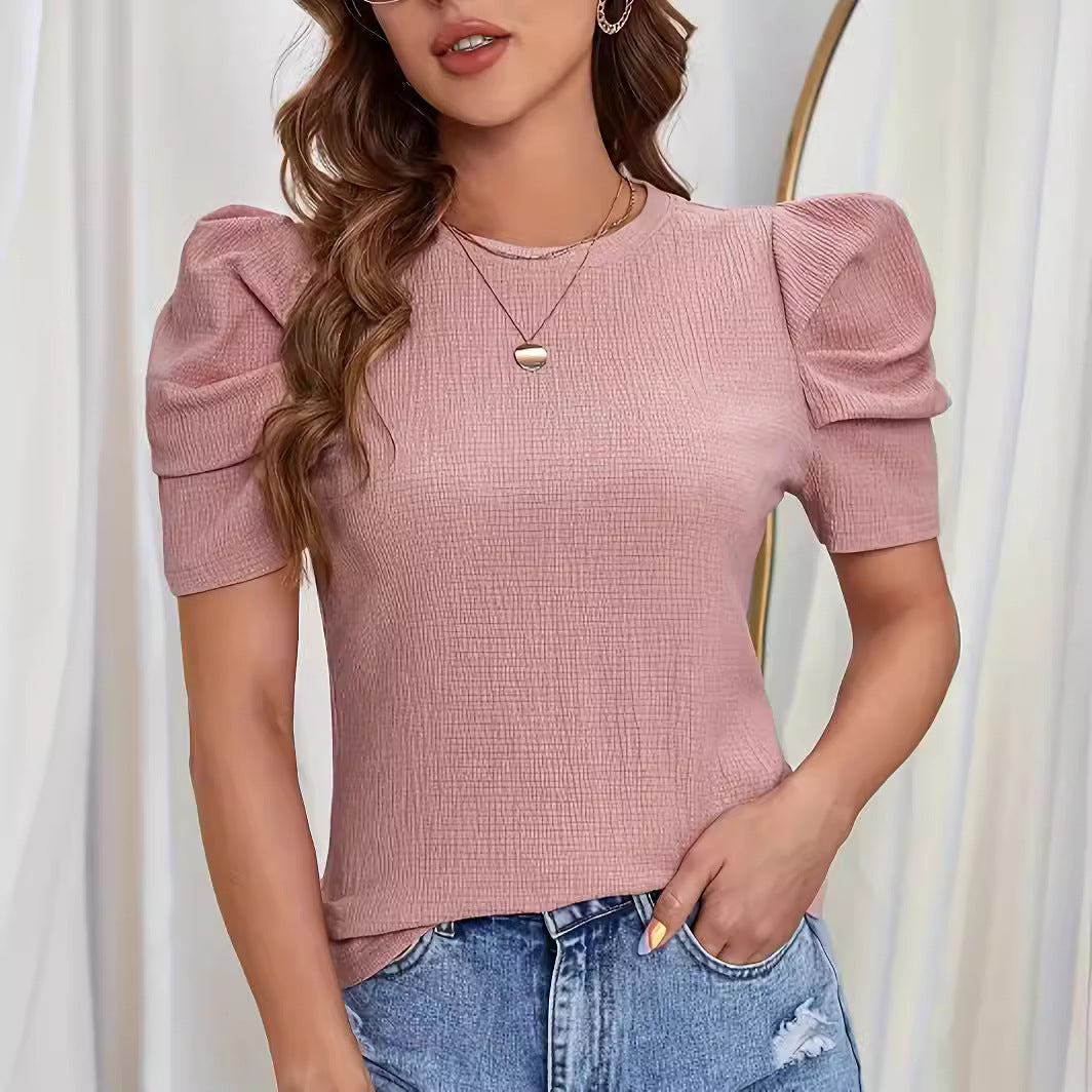 Puff Sleeve Solid Round Neck T-shirt