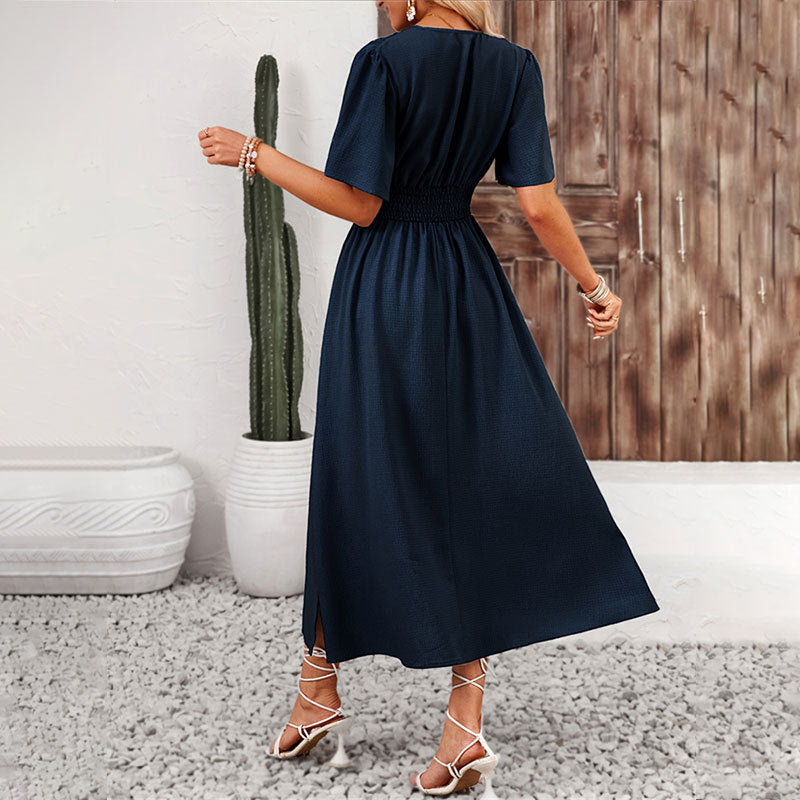 Elegant Women's Ruffle Sleeve Split Elastic Waist Polyester Dress