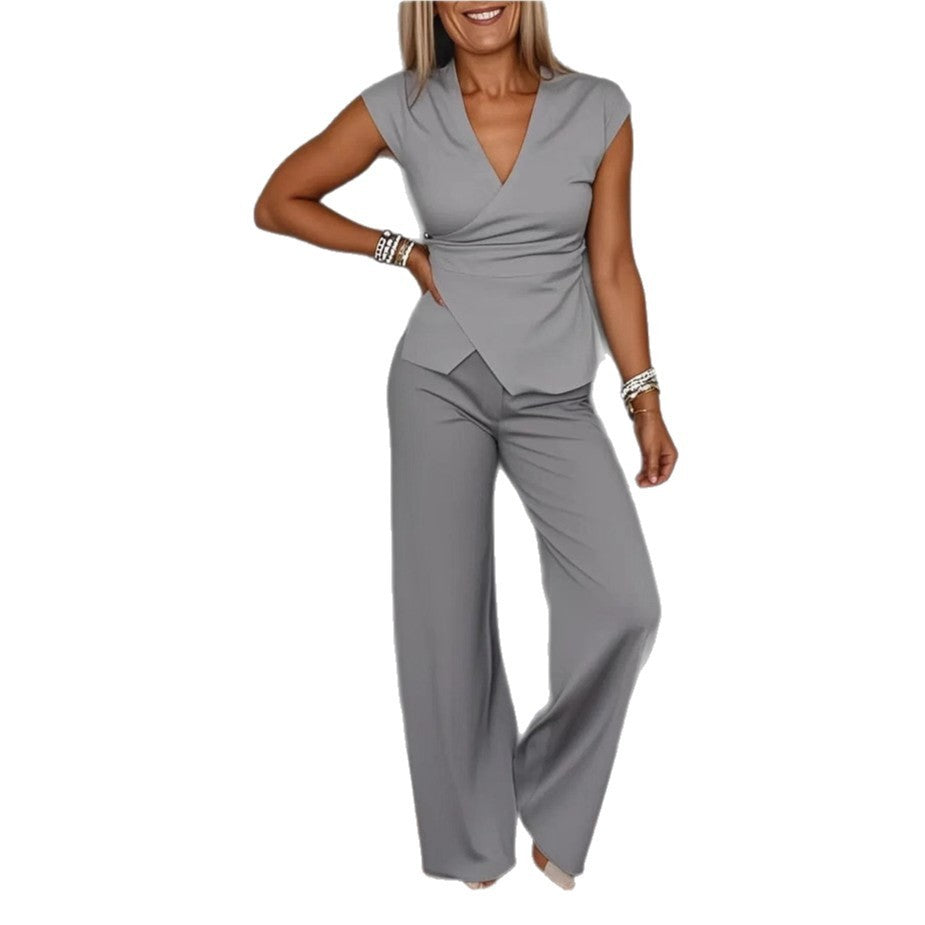 Women's V-neck Sleeveless Belt Buckle Two-piece Set