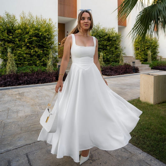 Square-neck Waist Trimming Sling Dress
