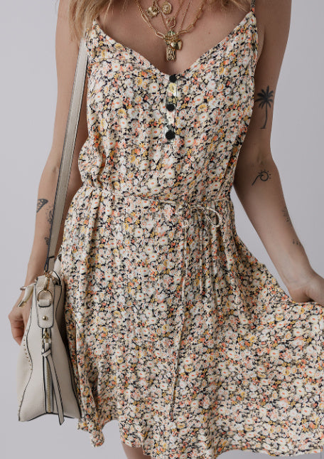 Khaki Boho Tie Waist Flared Sundress