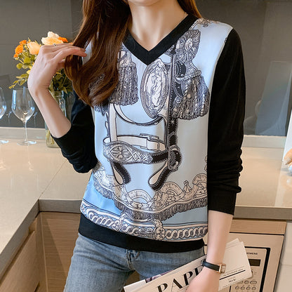 Elegant Patchwork T-shirt Long Sleeve Pullover