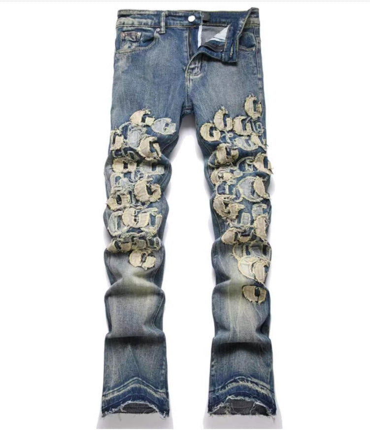 Men's Punk Retro Blue Ripped Slim Feet Jeans