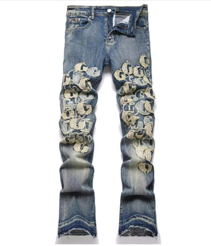 Men's Punk Retro Blue Ripped Slim Feet Jeans
