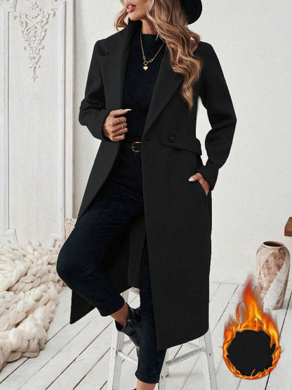 Flat Collar Pocket With Belt Long Coat Jacket