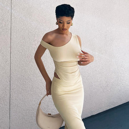 Oblique Shoulder Tops Long Skirt Set