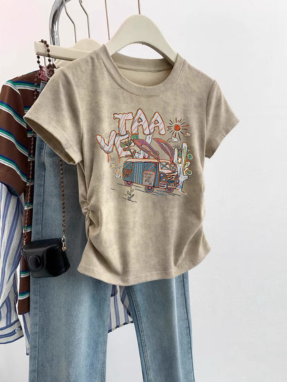 European Cargo Shoulder Tie-dyed Short-sleeved