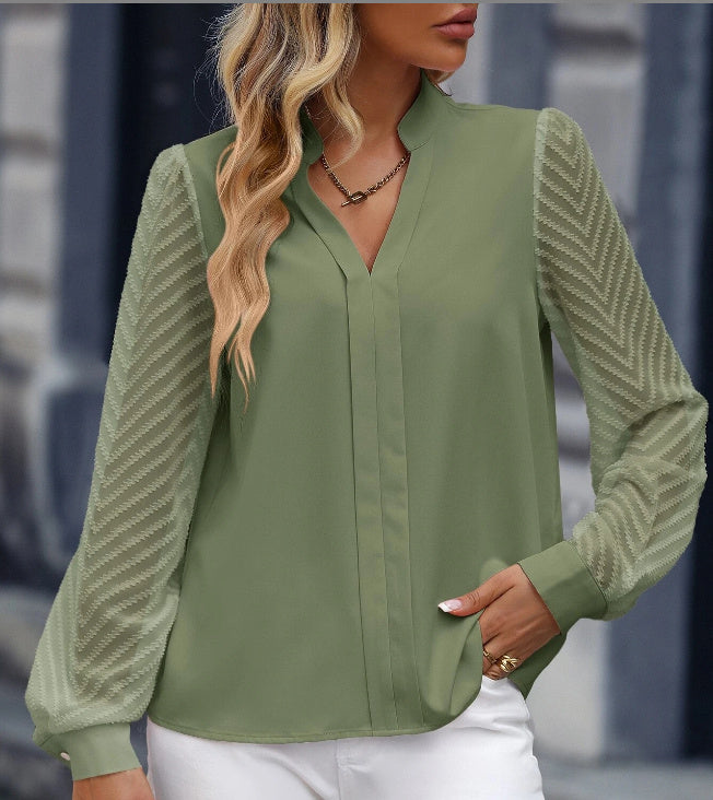 Women's V-neck Long-sleeved Chiffon Shirt Lace Stitching Top